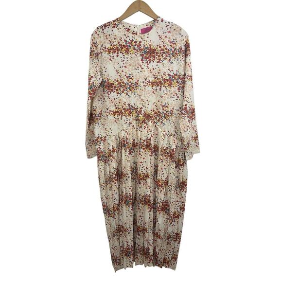 MDRN Balfour Pleated Floral Dress Long Sleeve Drop Waist Tea Length Roses Small - Picture 1 of 10